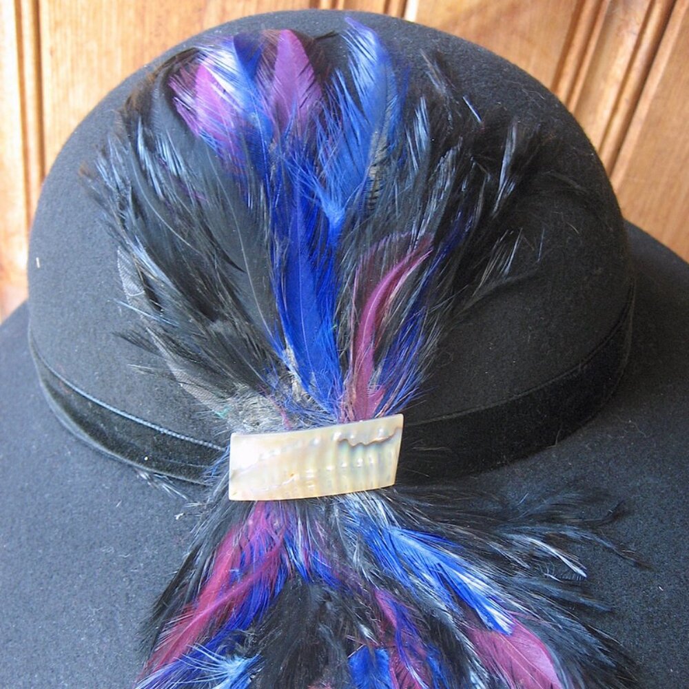Vintage 100% Wool Felt Hat with Feathers and Abalone - Wide Brim Hat 21" Small